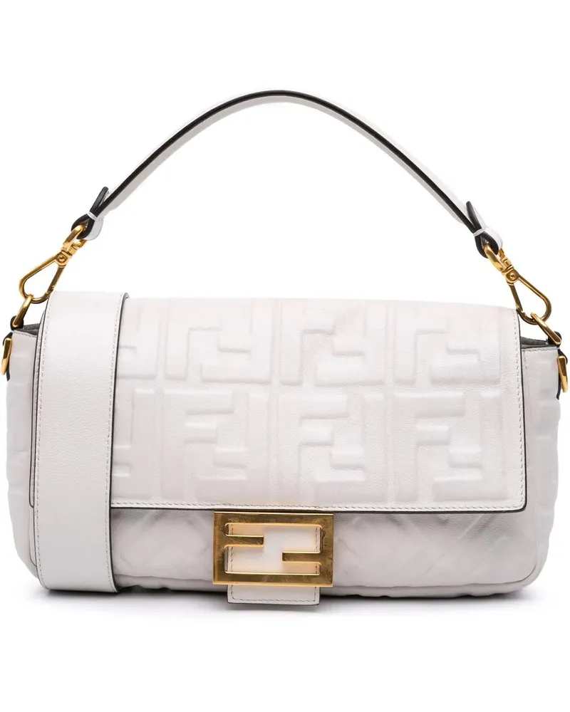 Fendi Hobo Bags 2010-2025 Zucca Embossed Leather Baguette Satchel weiß Weiß