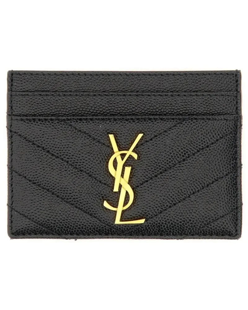 Saint Laurent Portemonnaie Chevron Quilted Calfskin Cardholder With Metallic schwarz Schwarz