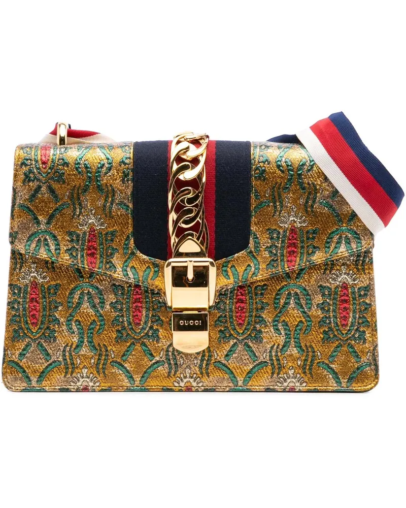 Gucci Hobo Bags Small Canvas Brocade Sylvie Satchel goldfarben Gold