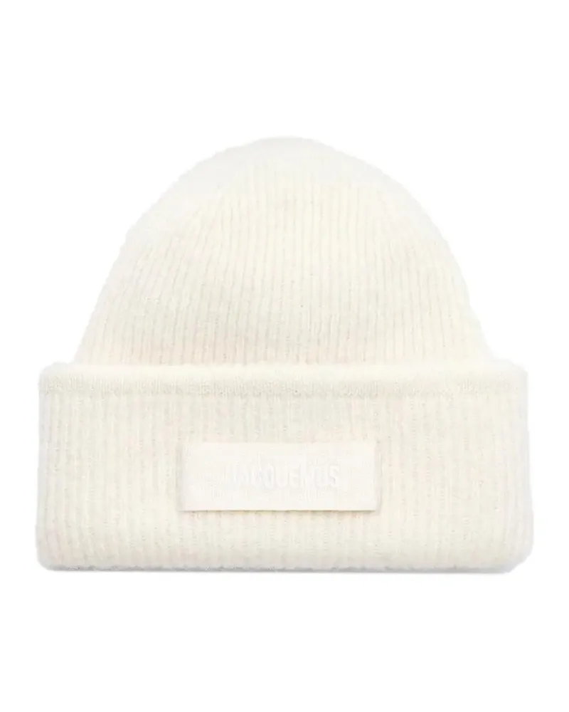 Jacquemus Caps & Mützen Ribbed White Beanie With Subtle Logo Detailing weiß Weiß