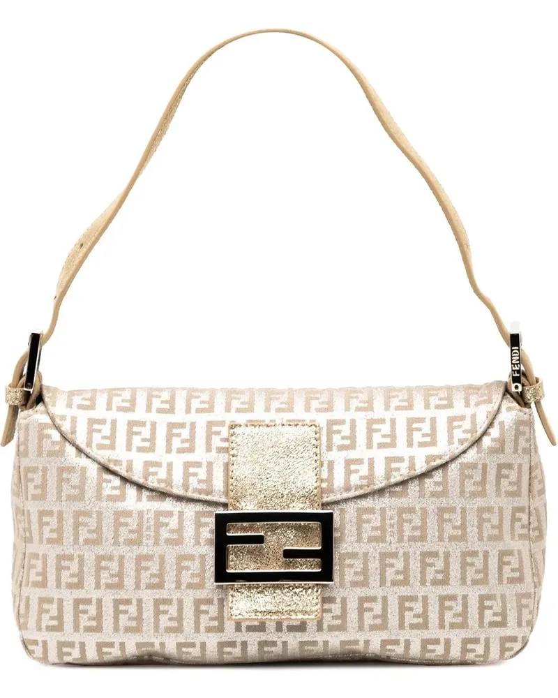 Fendi Hobo Bags Zucchino Metallic Canvas Double Flap Shoulder Bag silberfarben Silber