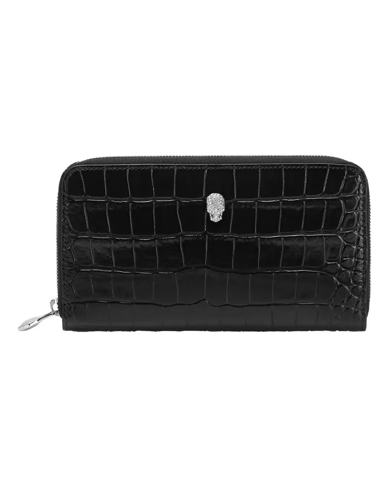 Philipp Plein Portemonnaie Mid-Zip Brieftasche Cocco Crocco Print schwarz Schwarz