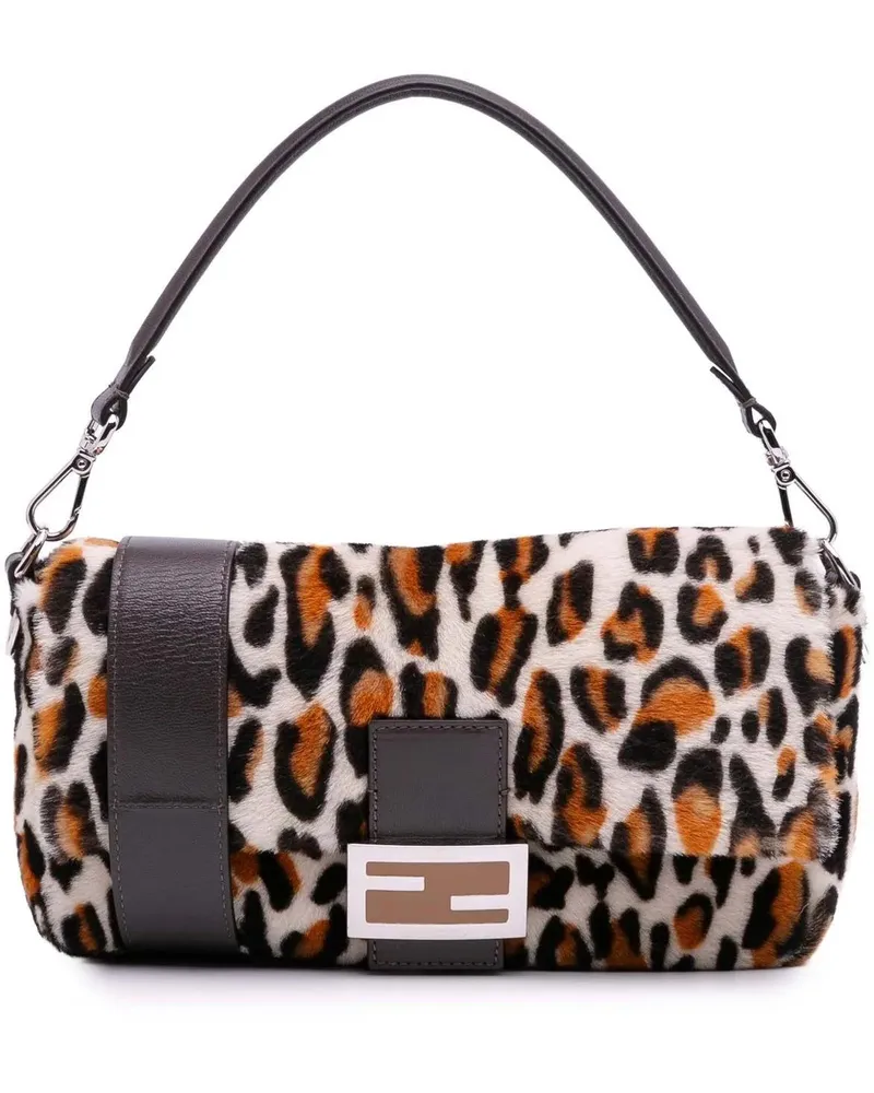 Fendi Hobo Bags Leopard Print Calf Hair Baguette Satchel braun Braun