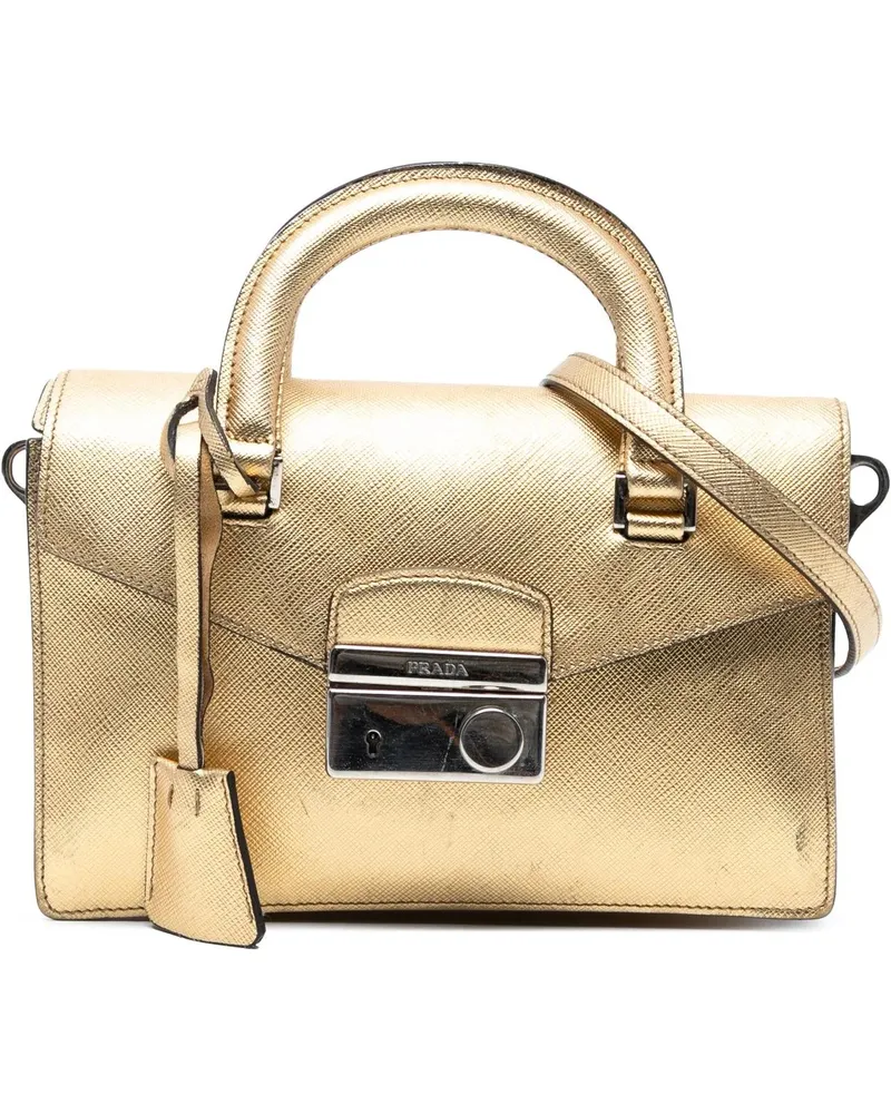 Prada Hobo Bags Mini Metallic Saffiano Sound Lock Satchel goldfarben Gold