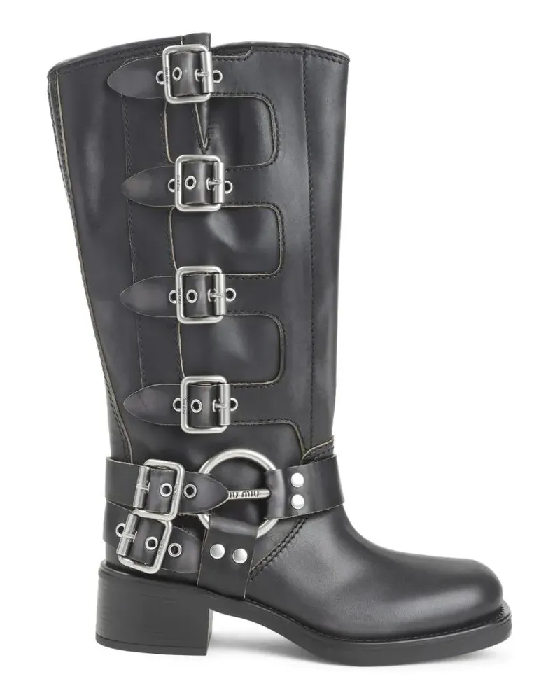 Miu Miu Stiefel Tall Black Leather Boots With Adjustable Silver Bu schwarz Schwarz