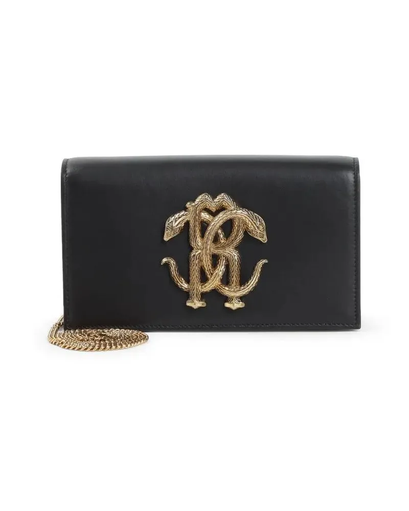 Roberto Cavalli Hobo Bags Black Leather Shoulder Bag With Gold Emblem schwarz Schwarz