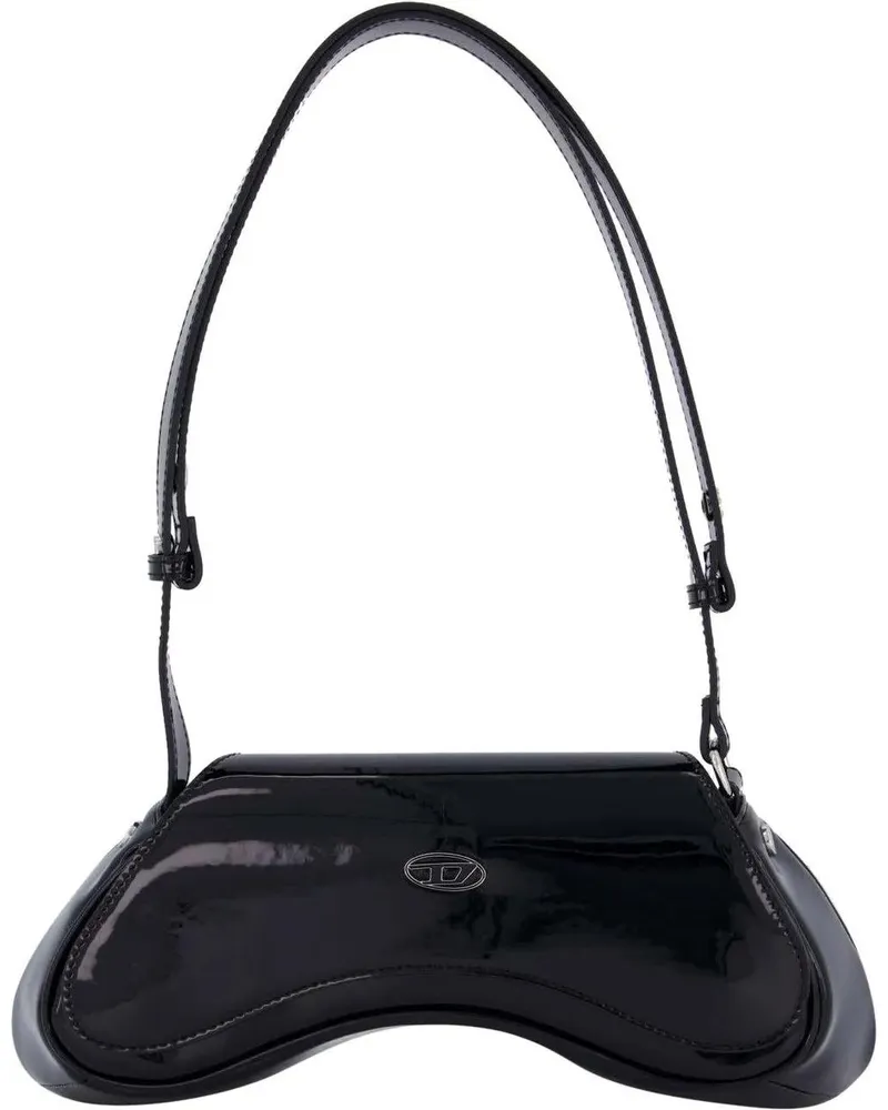 Diesel Hobo Bags Curved Silhouette Black  Handbag With Glossy schwarz Schwarz