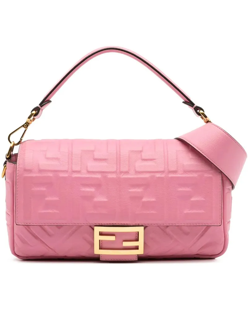 Fendi Hobo Bags Zucca Embossed Leather Baguette Satchel rosa Gold