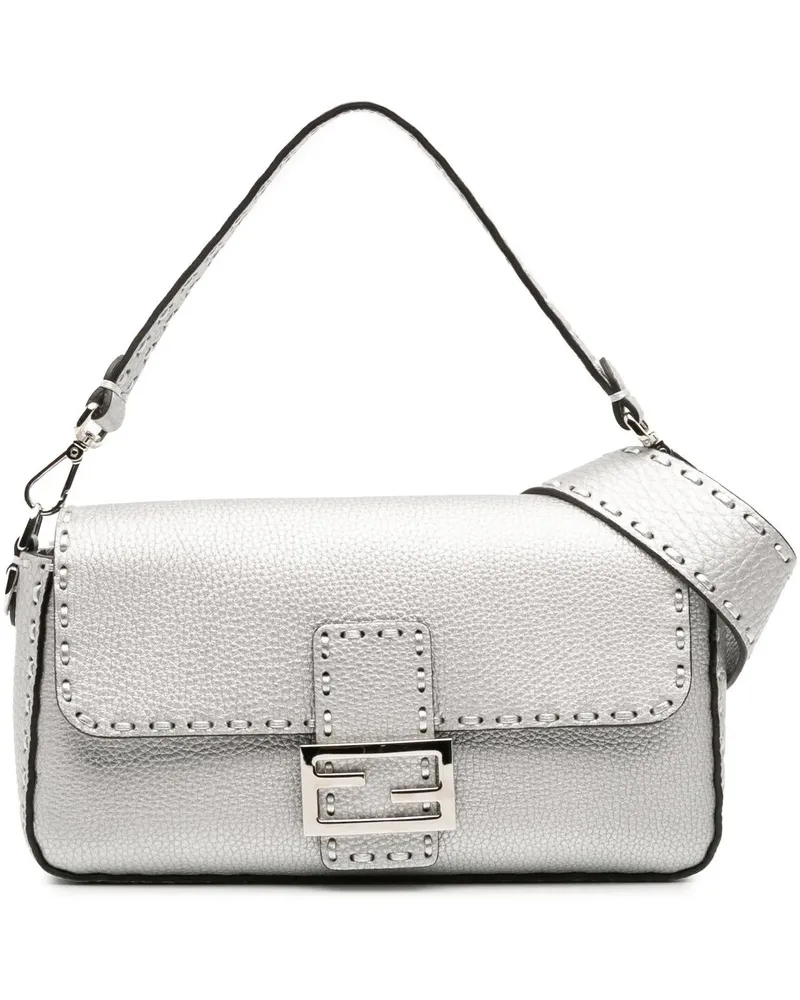 Fendi Hobo Bags Leather Selleria Baguette Satchel silberfarben Silber