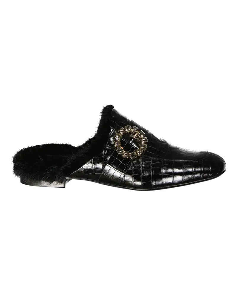 Eleventy Slipper & Pantoletten Croc-Embossed Leather Mules With Plush Fur Lining schwarz Schwarz