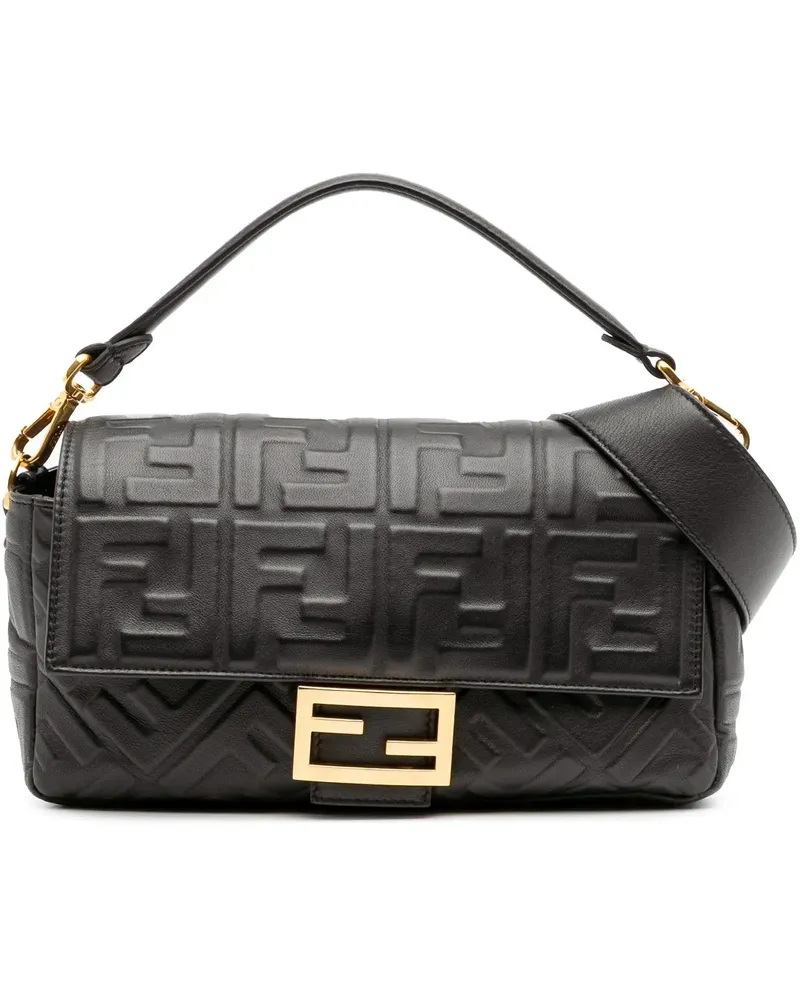 Fendi Hobo Bags Zucca Embossed Leather Baguette Satchel schwarz Schwarz