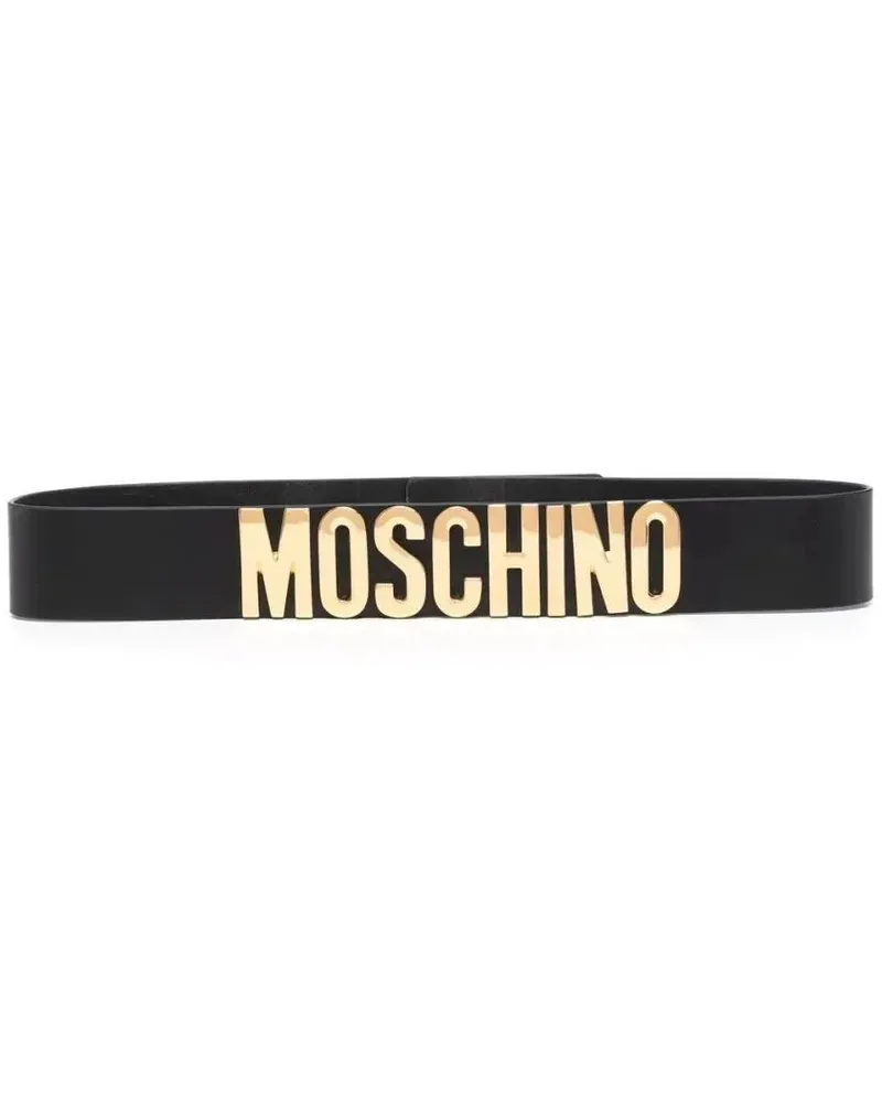 Moschino Gürtel Black Leather Belt With Bold Gold-Tone Lettering schwarz Schwarz