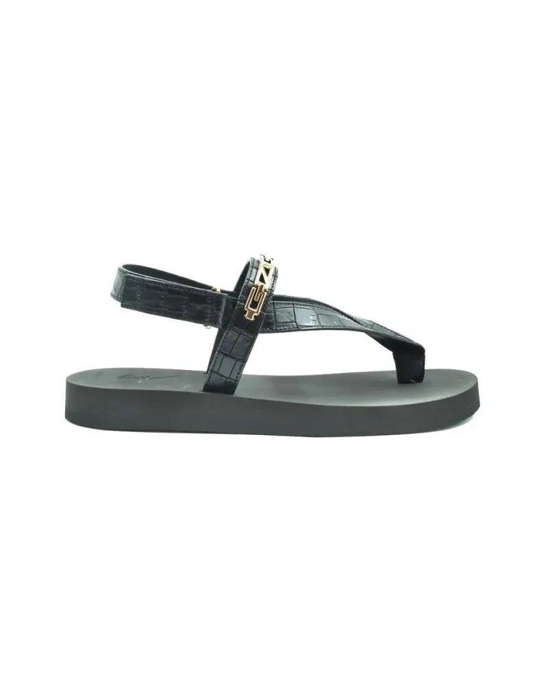 Giuseppe Zanotti Loafer Black Leather Sandals With Crocodile-Texture Strap grau Grau