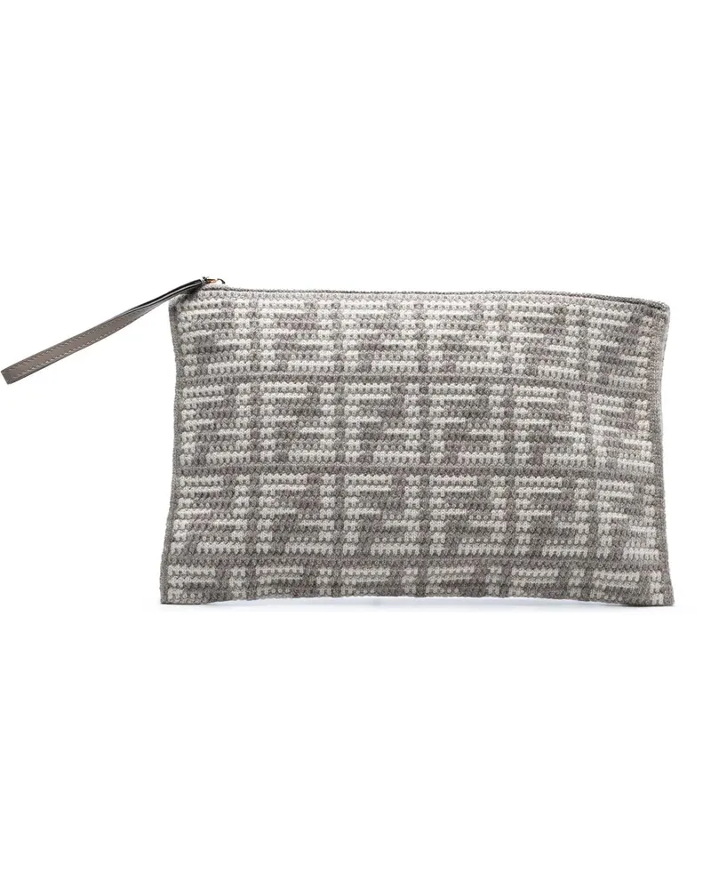 Fendi Kosmetiktaschen Large Woven Fabric and Calfskin FF Flat Pouch grau Grau