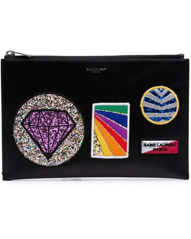 Saint Laurent Clutches Leather Multi Patch Zip Pouch schwarz Schwarz