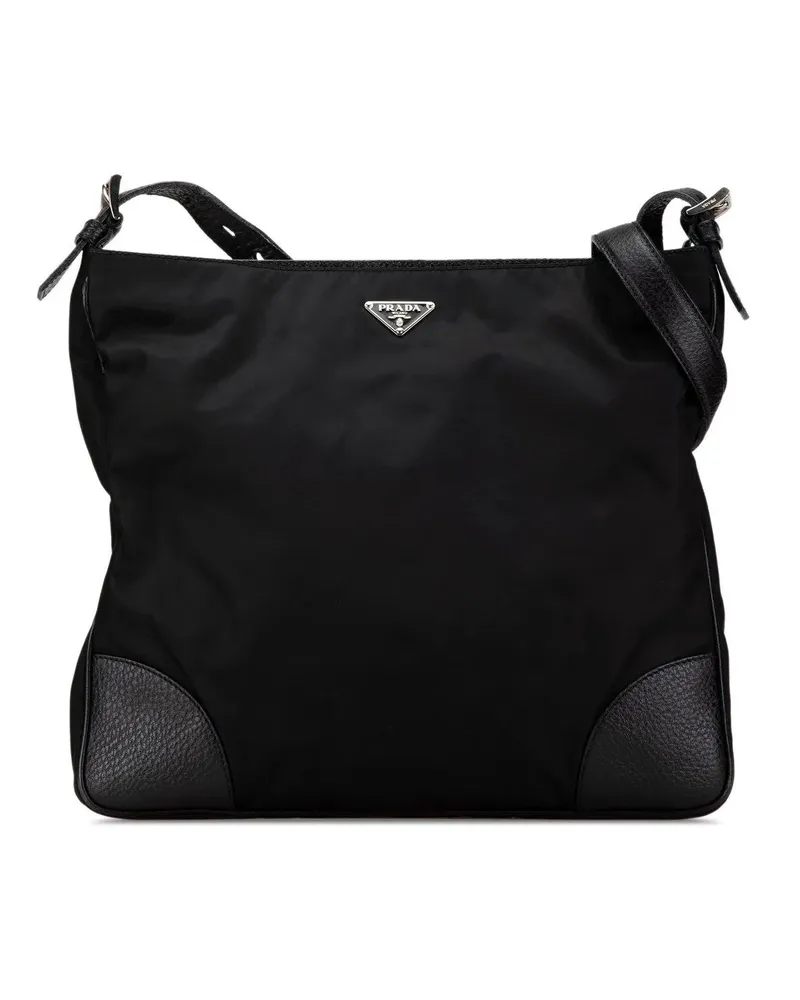 Prada Hobo Bags 2013-2024 Vitello Daino Trimmed Tessuto Zip Top Cr schwarz Schwarz