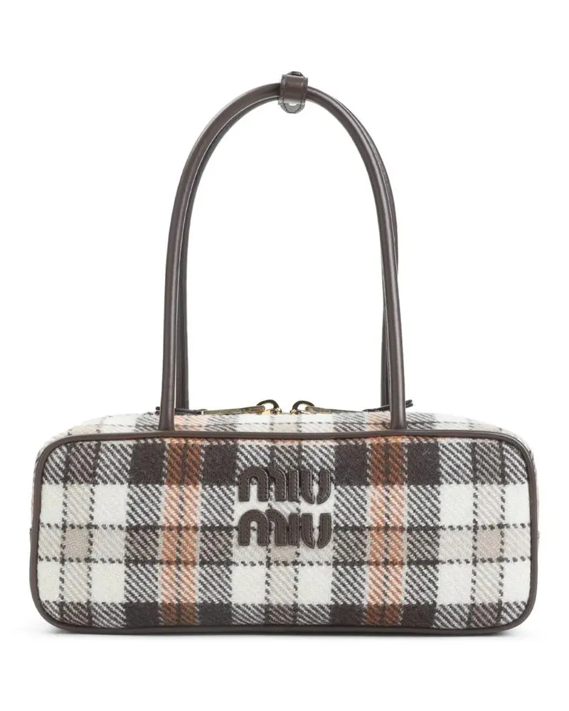 Miu Miu Hobo Bags Plaid Pattern Shoulder Bag With Smooth Leather Tri beige Beige