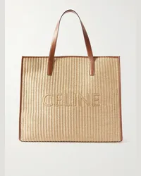 Celine Tote bag in rafia con finiture in pelle e logo ricamato Neutri