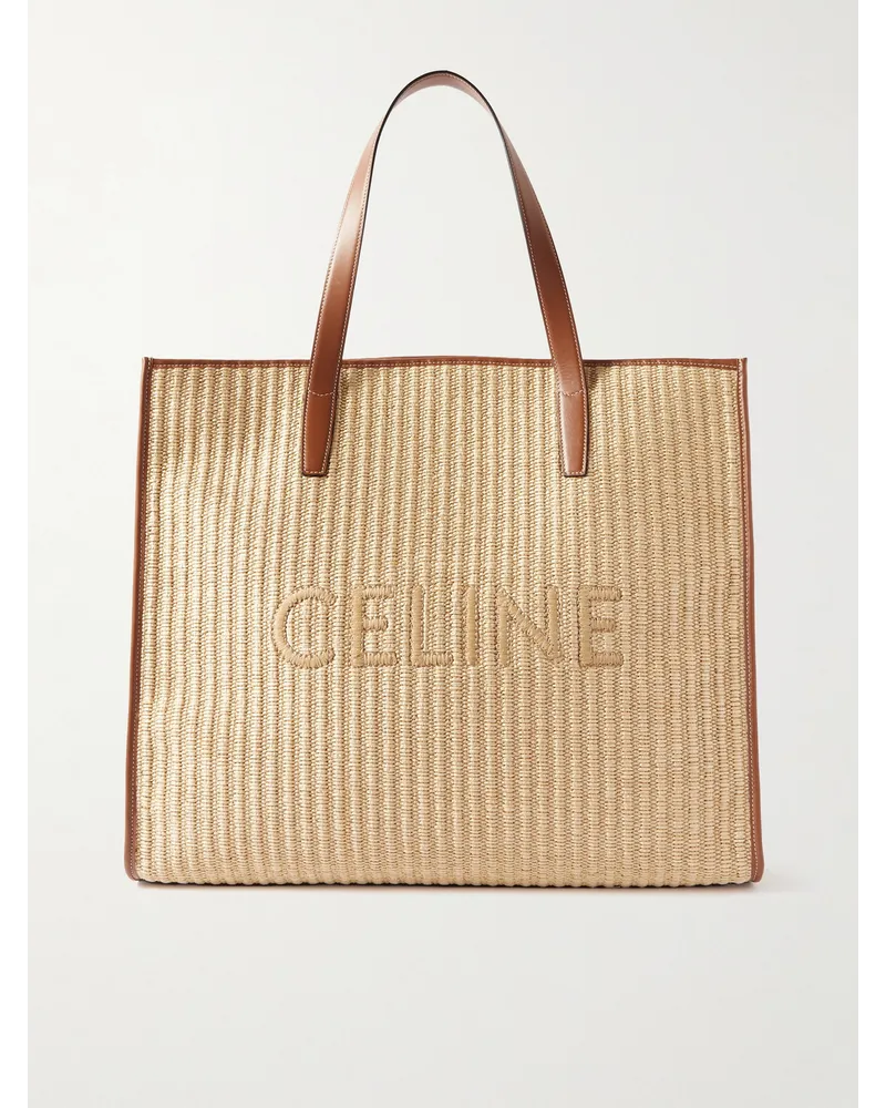 Celine Tote bag in rafia con finiture in pelle e logo ricamato Neutri