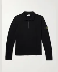 Stone Island Pullover in misto lana con logo applicato e mezza zip Nero