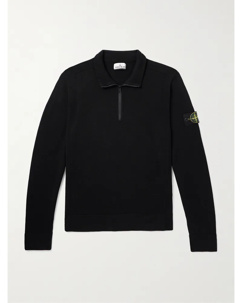 Stone Island Pullover in misto lana con logo applicato e mezza zip Nero