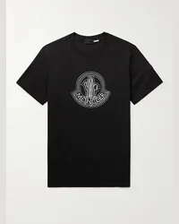 Moncler T-shirt in jersey di cotone con stampa e logo applicato Nero