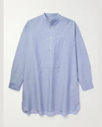 Loro Piana Camicia in misto lino e cotone a righe con collo alla coreana Suwako Blu