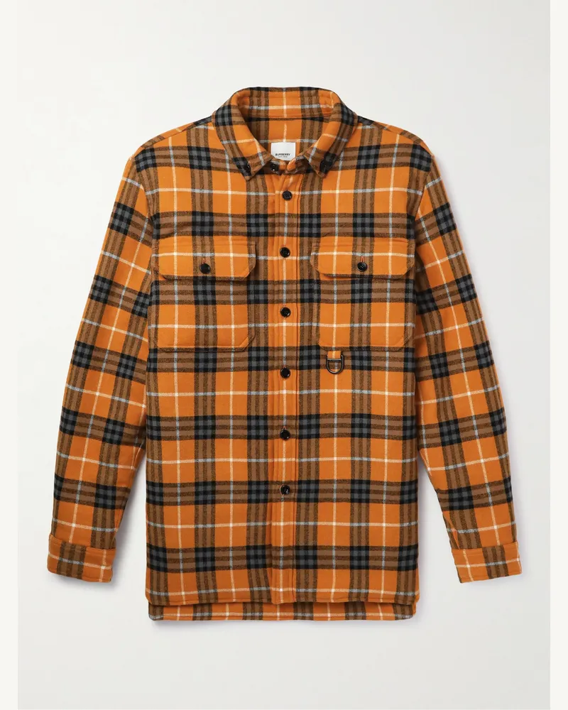 Burberry Overshirt in misto lana e cotone imbottito a quadri con collo button-down Arancione