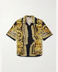 Versace Camicia in popeline di cotone stampato con colletto aperto Oro