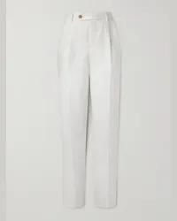 Brunello Cucinelli Pantaloni slim-fit a gamba dritta in twill di lino con pinces Bianco