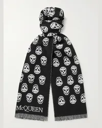 Alexander McQueen Sciarpa reversibile in lana con logo jacquard e frange Nero