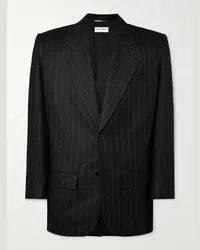 Saint Laurent Blazer gessato in misto lana e cotone con finiture in seta Nero