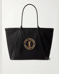 Saint Laurent Tote bag in gabardine di cotone con finiture in pelle e logo ricamato Nero