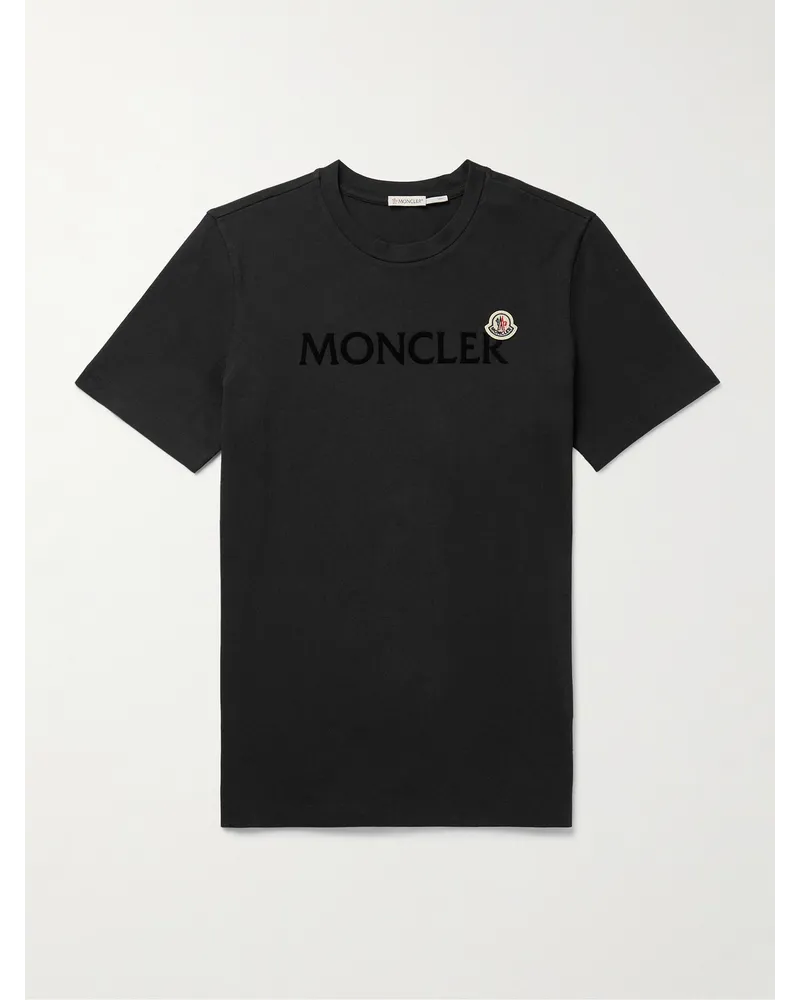 Moncler T-shirt slim-fit in jersey di cotone con logo floccato e applicato Nero