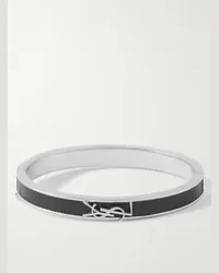 Saint Laurent Bracciale in pelle e metallo argentato Nero