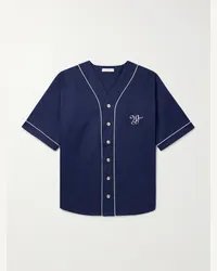 Wales Bonner Camicia da baseball in drill di cotone con logo ricamato Blu