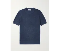 Brunello Cucinelli T-shirt in misto lino e cotone a coste Blu