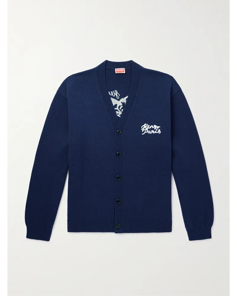 Kenzo Cardigan in misto lana e cotone con logo ricamato Blu