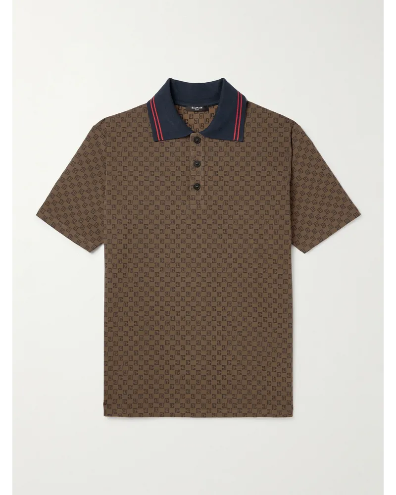 Balmain Polo in cotone stretch con monogramma Marrone