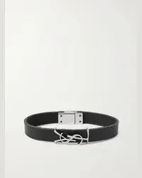 Saint Laurent Bracciale in pelle e metallo argentato Opyum Nero