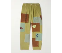 Pantaloni a gamba dritta in velluto a coste di cotone patchwork con pieghe