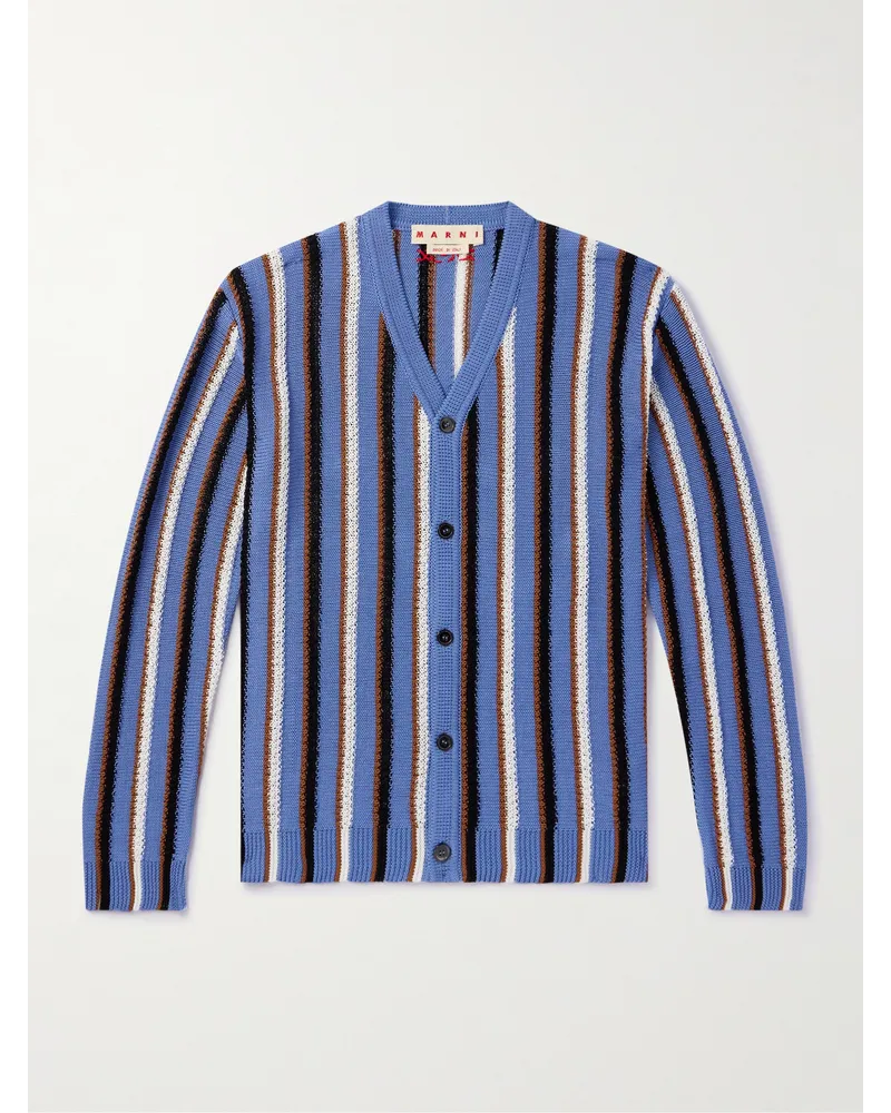 Marni Cardigan in cotone a righe con logo ricamato Blu