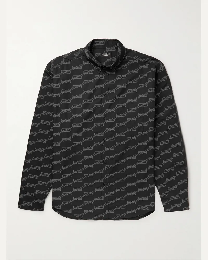 Balenciaga Oversized Button-Down Collar Logo-Print Cotton-Poplin Shirt Nero