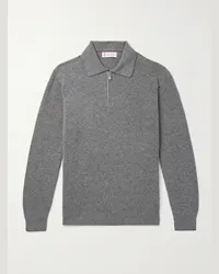 Brunello Cucinelli Pullover in cashmere a coste con mezza zip Grigio