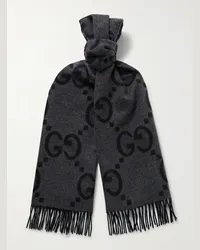 Gucci Sciarpa in cashmere con logo jacquard e frange Grigio