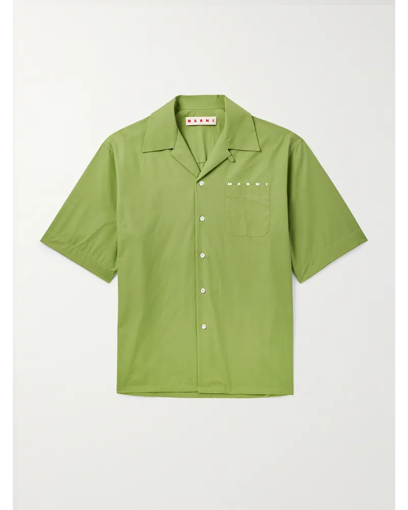 Marni Camicia in popeline di cotone con logo e colletto convertibile Verde