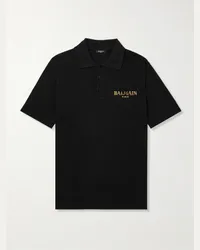 Balmain Polo in cotone piqué con logo ricamato Nero