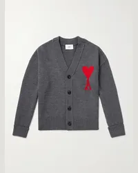 AMI Paris Cardigan in lana con logo a intarsio Grigio