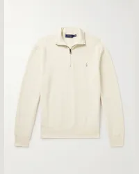 Ralph Lauren Pullover in cotone a nido d'ape con logo ricamato e mezza zip Neutri