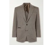 Blazer in tweed di misto lana e cashmere a spina di pesce con finiture in pelle Hacking